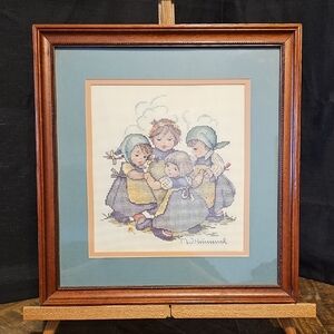 Charming Fiber Art with Children in Blue and Brown Frame